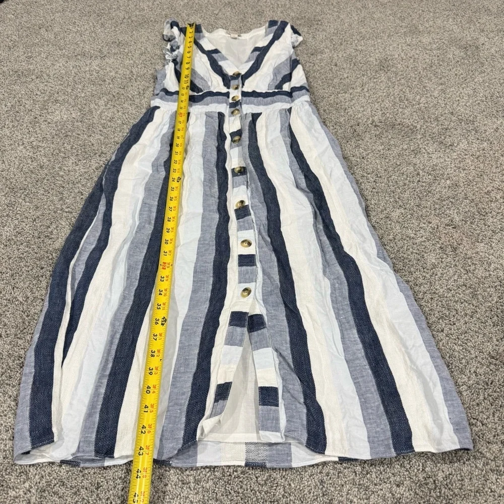J Crew Point Sur Indigo Striped 100% Linen Midi Dress Button Resort Women’s US 6